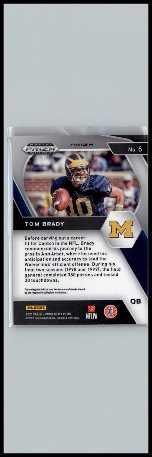 Tom Brady football card from 2021 Panini Prizm Draft Picks Collegiate Michigan Wolverines