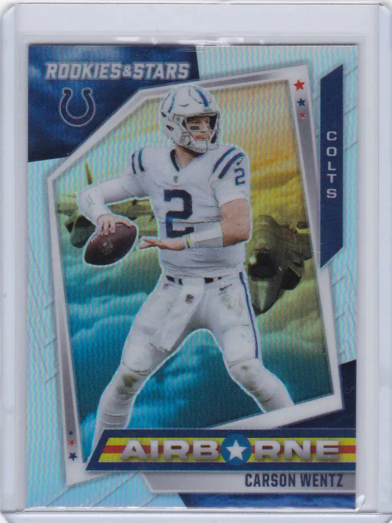 Football trading card of Carson Wentz Airborne Silver Prizm in Colts uniform