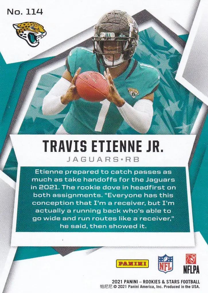 Football trading card of Travis Etienne in teal uniform from Panini Rookies & Stars Base