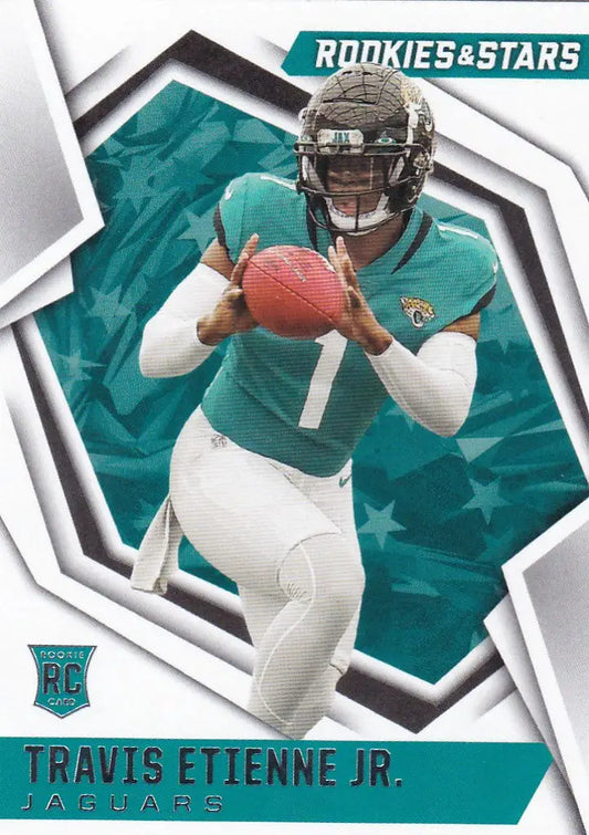 Football trading card of Travis Etienne in teal uniform from Panini Rookies & Stars Base