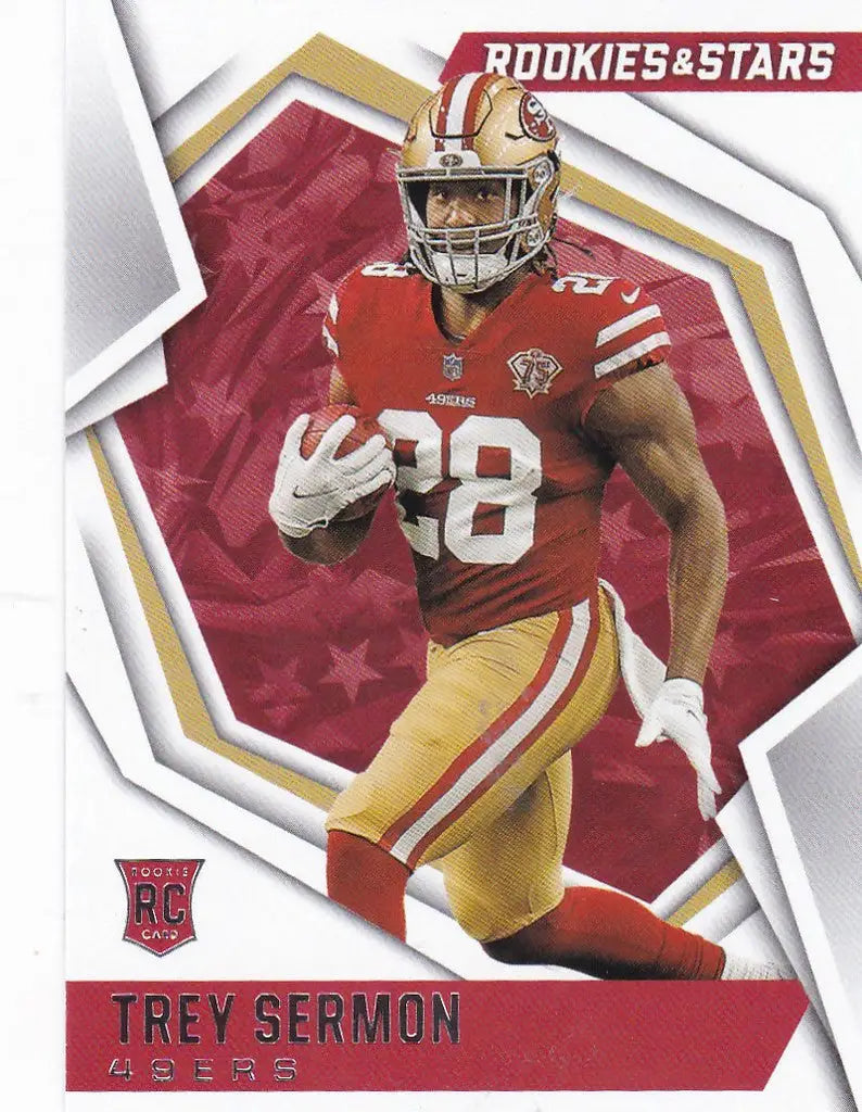 Football player card of Trey Sermon running for the San Francisco 49ers from Panini Rookies & Stars