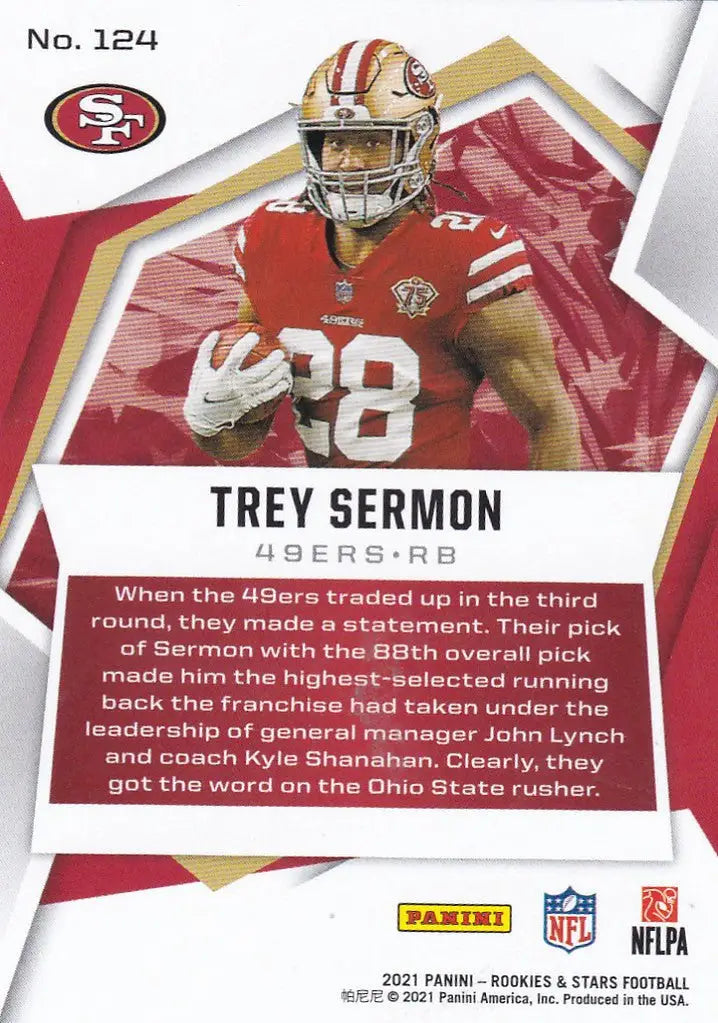 Football trading card of Trey Sermon in red jersey for San Francisco 49ers Panini Rookies & Stars