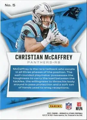 Christian McCaffrey football card from 2021 Panini Rookies & Stars #5, text-align center