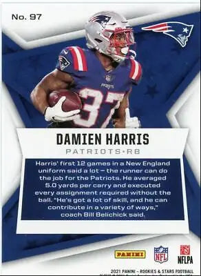 Damien Harris football card from 2021 Panini Rookies & Stars Green Parallel New England Patriots