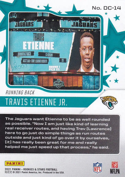 Football trading card of Travis Etienne Jr. from 2021 Panini Rookies & Stars Draft Class