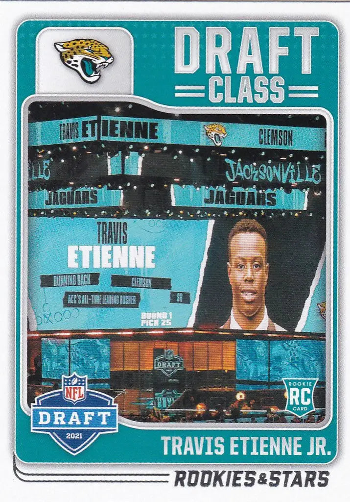 Football trading card of Travis Etienne Jr. from 2021 Panini Rookies & Stars Draft Class