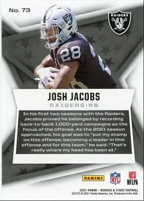 Panini Rookies & Stars Josh Jacobs Las Vegas Raiders trading card #73 for collectors