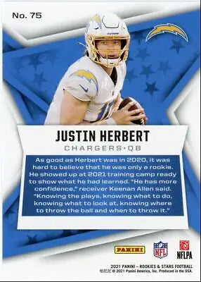 Justin Herbert football card from 2021 Panini Rookies & Stars, Los Angeles Chargers #75