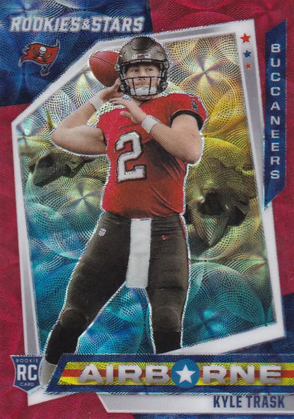 Football trading card of AB21 Kyle Trask RC wearing red jersey for Stars Prizm Airborne