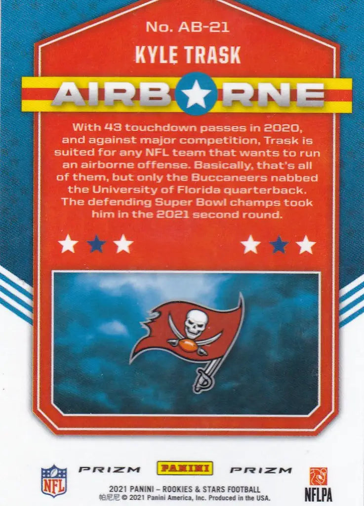 Football trading card of Kyle Trask RC Buccaneers from 2021 Panini Stars Prizm Airborne