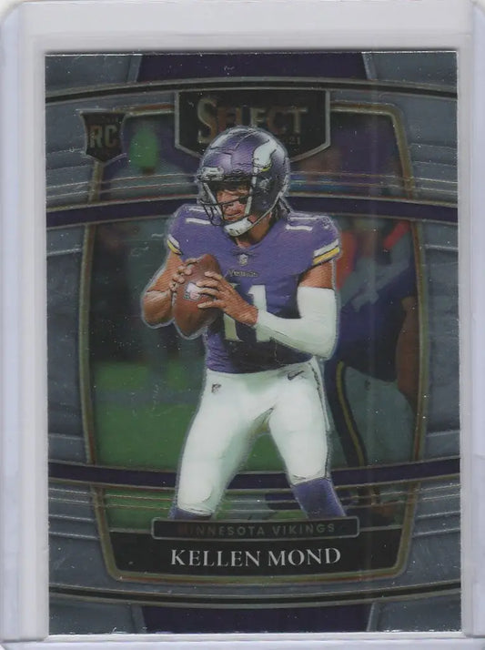 Football trading card of Kellen Mond Minnesota Vikings in throwing stance from Panini Select