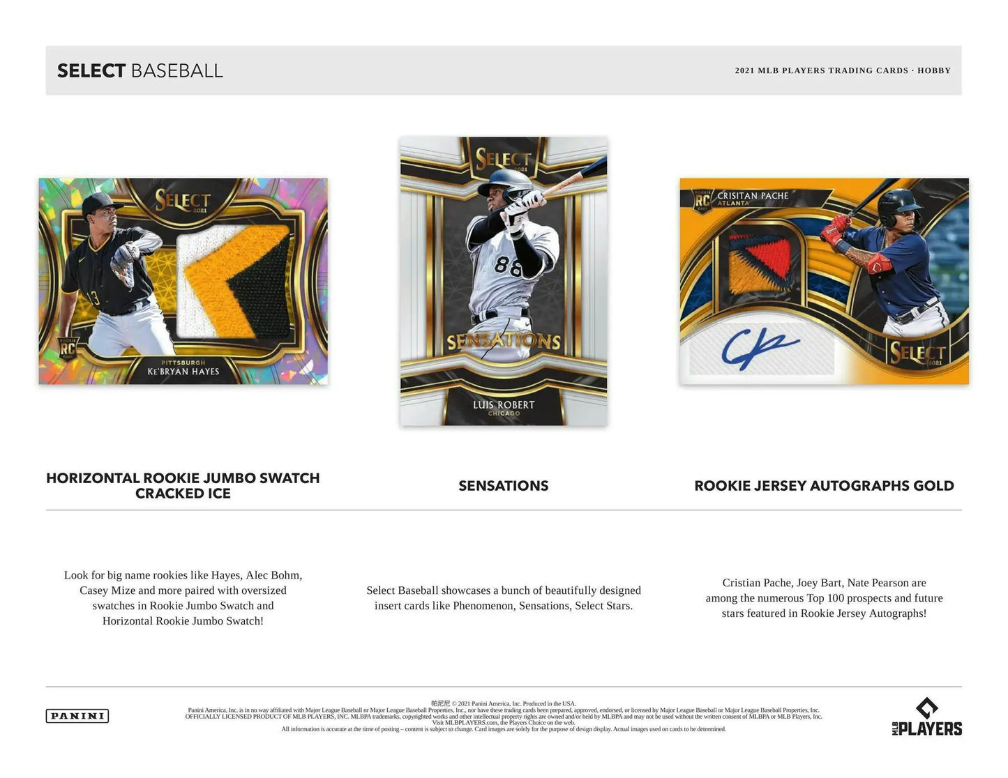 Advertisement for 2021 Panini Select Baseball featuring rookie jersey autographs and patches