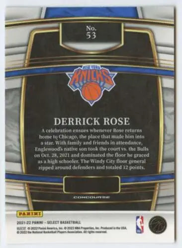 Derrick Rose 2021 Panini Select Blue basketball card with original gloss, Knicks Concourse