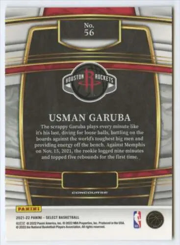 Basketball trading card back of Usman Garuba featuring Panini Select Blue details