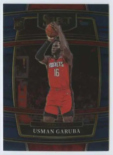 Basketball trading card of Usman Garuba in red uniform shooting for the Houston Rockets, Panini Select Blue