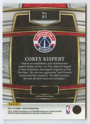 Basketball card back of 2021 Panini Select Blue Corey Kispert NM-MT Wizards original gloss