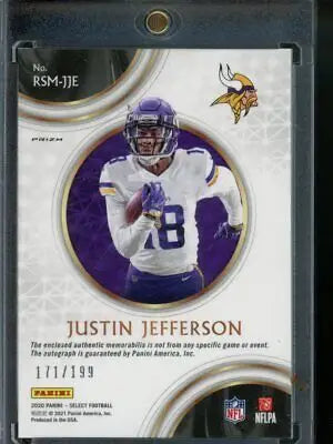 Justin Jefferson 2021 Panini Select Prizm Patch Auto RC #RSM-JJE 171/199 football card