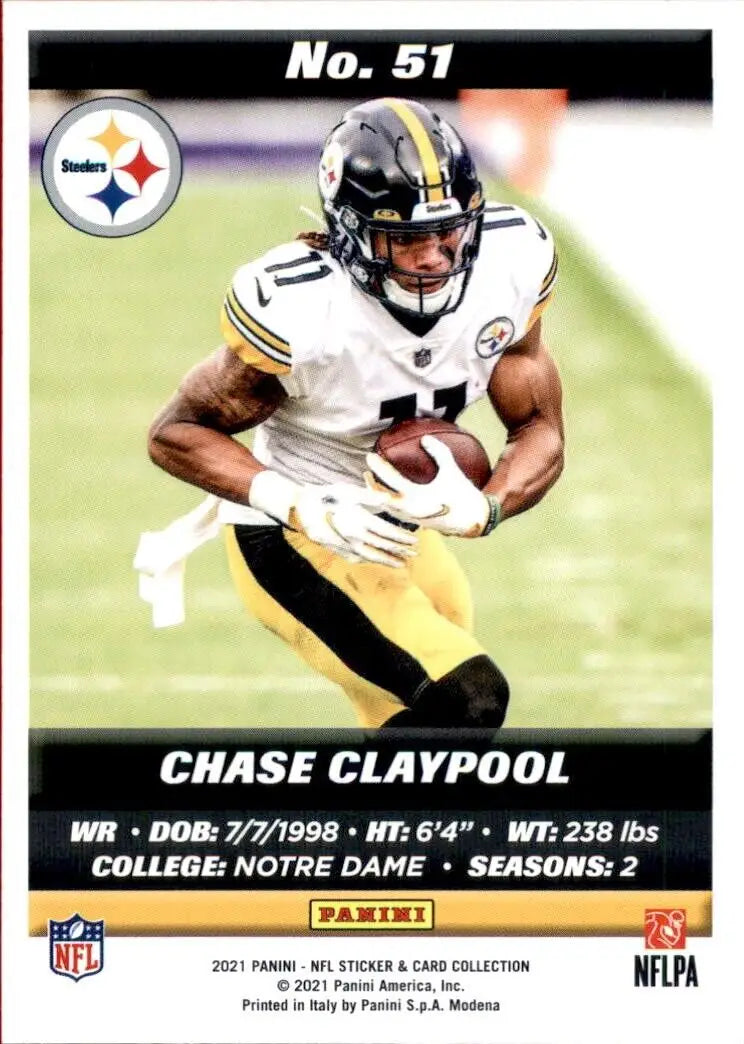 Chase Claypool football card from 2021 Panini Sticker and Card Collection Pittsburgh Steelers