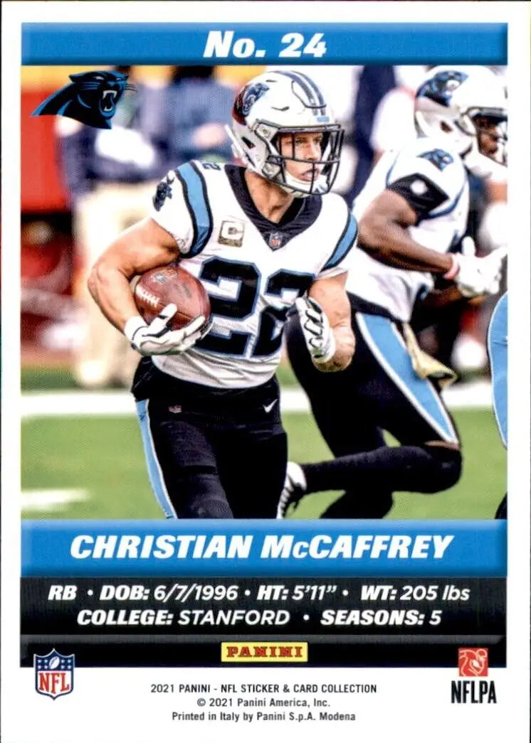 Christian McCaffrey football card from 2021 Panini Sticker and Card Collection