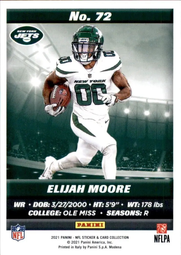 Elijah Moore Rookie football card from the 2021 Panini Sticker and Card Collection, New York Jets NFL