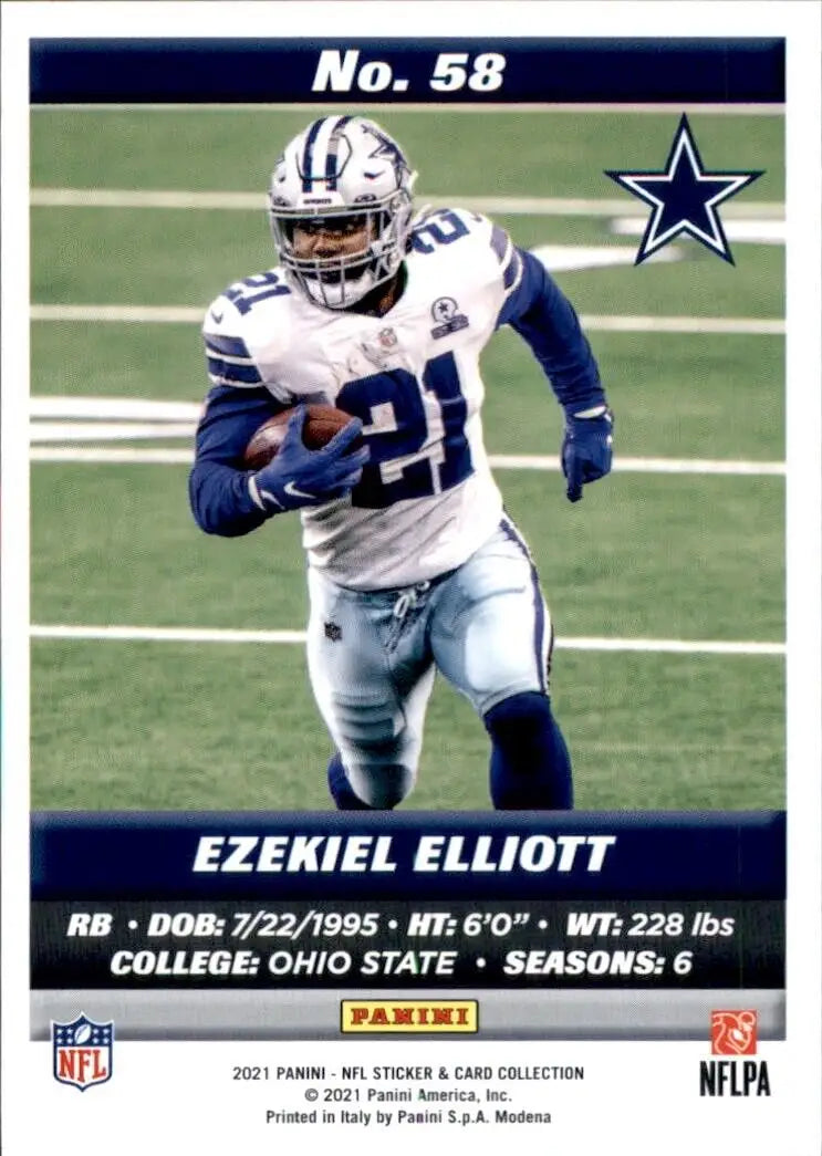 Ezekiel Elliott football card from 2021 Panini Sticker Collection Dallas Cowboys NFL #58