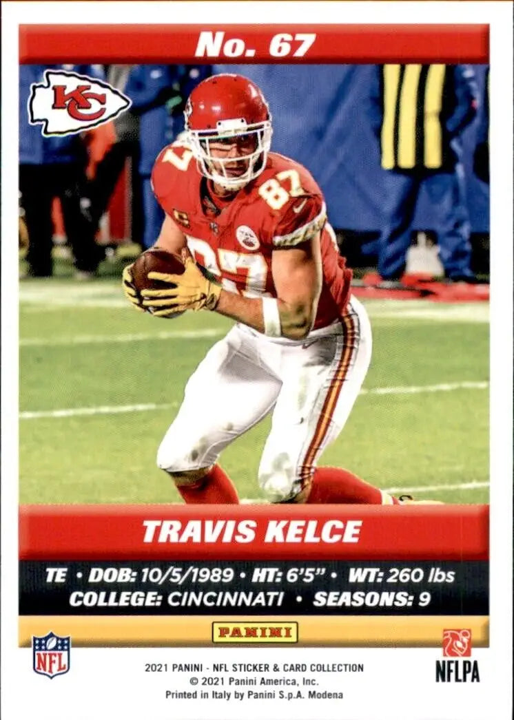 Travis Kelce Kansas City Chiefs football card from 2021 Panini collection NFL #67