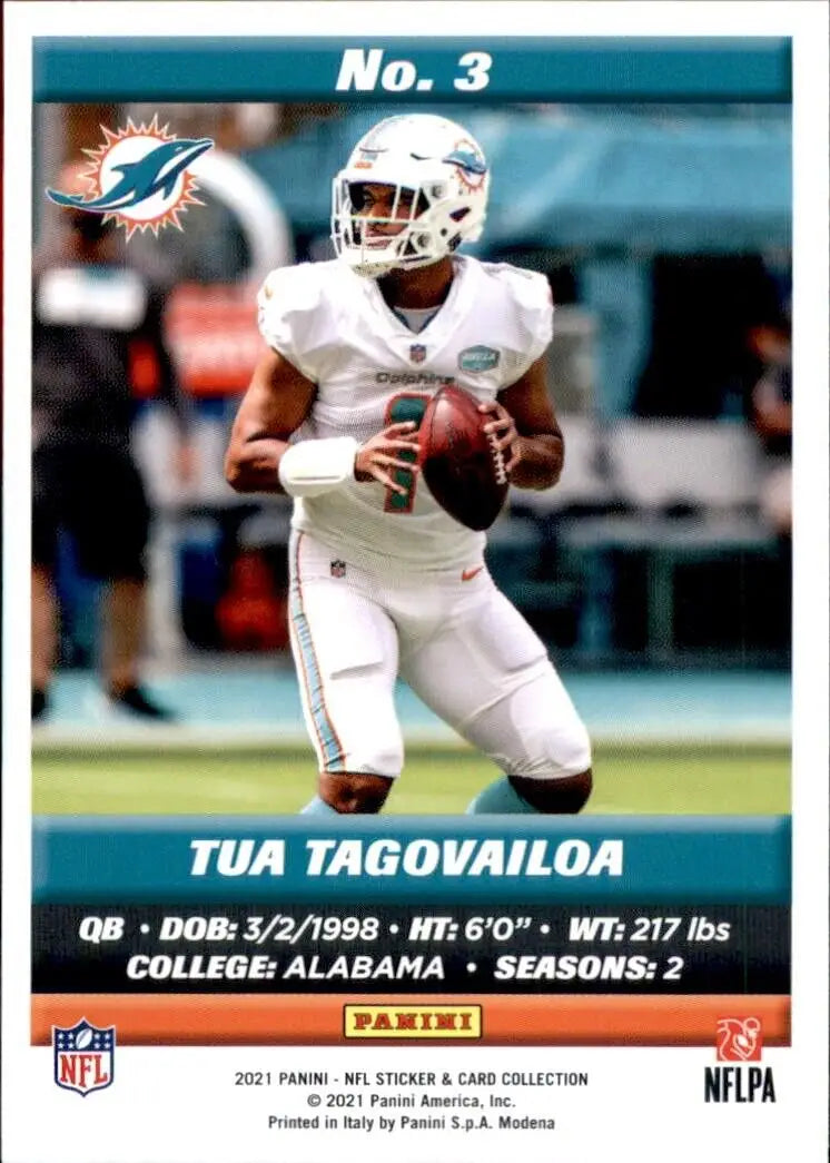 Tua Tagovailoa Miami Dolphins NFL football card from 2021 Panini Sticker Collection