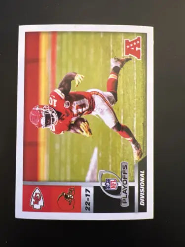 Trading card of Kansas City Chiefs player making a diving catch from Panini Stickers