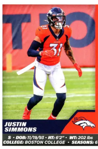 Justin Simmons 2021 Panini Stickers #245 Denver Broncos Football Card NM-MT