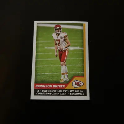 Harrison Butker football card from 2021 Panini Stickers for Kansas City Chiefs fans