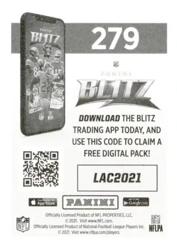 Blitz trading app promotional card featuring 2021 Panini Stickers Los Angeles Chargers logo