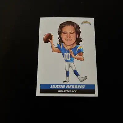 Justin Herbert caricature trading card from 2021 Panini Stickers Los Angeles Chargers