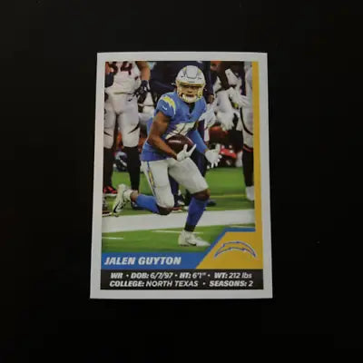 Jalen Guyton football card from 2021 Panini Stickers featuring Los Angeles Chargers