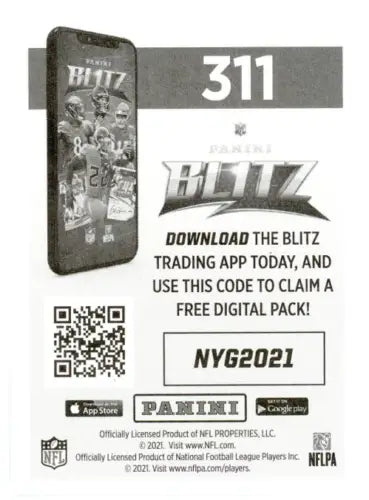 Promotional card for a digital trading card app featuring Panini Stickers New York Giants FB Logo