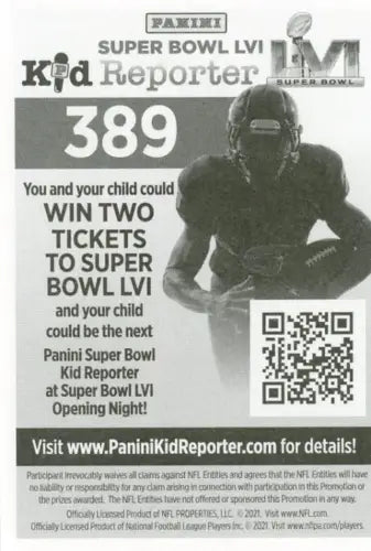 Panini Super Bowl Kid Reporter advertisement featuring 2021 Panini Stickers Jeff Okudah Detroit Lions card