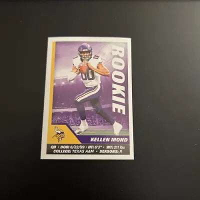 Kellen Mond rookie card from 2021 Panini Stickers featuring Minnesota Vikings logo