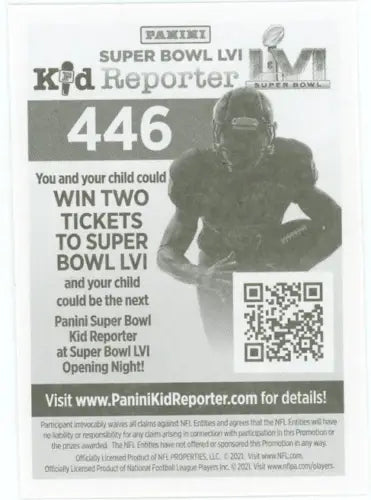 Panini Super Bowl LVI Kid Reporter ad featuring Moore Carolina Panthers on Panini stickers