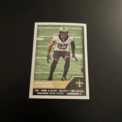 Marshon Lattimore football card from 2021 Panini Stickers featuring New Orleans Saints