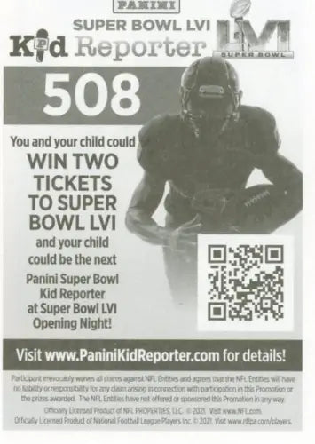 Super Bowl LVI sweepstakes advertisement for 2021 Panini Stickers Cam Akers Los Angeles Rams Card