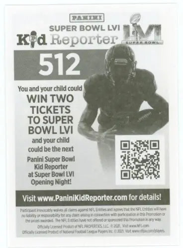 Panini Super Bowl LVI Kid Reporter ad featuring Tutu Atwell Rookie Panini stickers