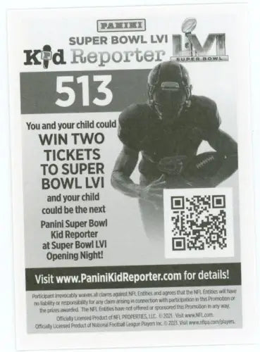 Panini Super Bowl LVI Kid Reporter card from 2021 Panini Stickers Los Angeles Rams Football