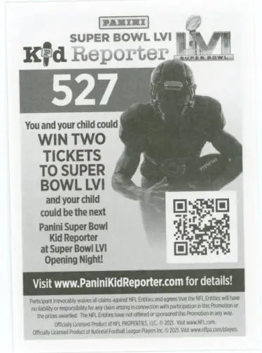 Panini Super Bowl LVI Kid Reporter card featuring Trey Sermon from San Francisco 49ers