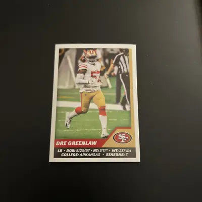 Dre Greenlaw football card from 2021 Panini Stickers for San Francisco 49ers collectors