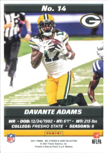 Davante Adams football card from 2021 Panini Stickers Cards series for Green Bay Packers