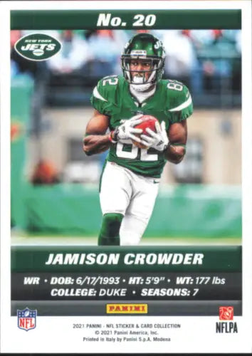 Jamison Crowder 2021 Panini Stickers Cards #20 New York Jets NFL collectible card