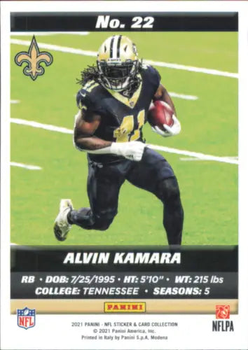 Alvin Kamara football card from 2021 Panini Stickers Cards featuring New Orleans Saints