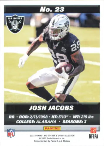 Josh Jacobs Oakland Raiders football card from 2021 Panini Stickers Cards collection