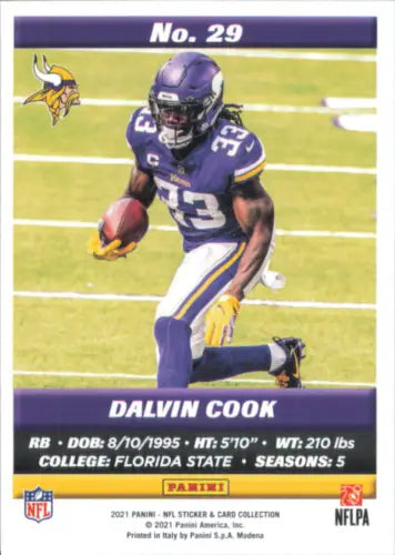 Dalvin Cook football card from 2021 Panini Stickers Cards #29 for Minnesota Vikings fans