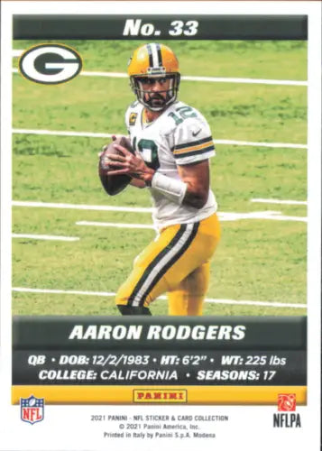 Aaron Rodgers Green Bay Packers football card from 2021 Panini Stickers collection