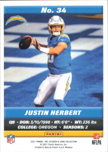 Justin Herbert football card from 2021 Panini Stickers Cards NFL Los Angeles Chargers